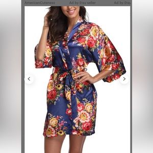 Navy floral silk robe